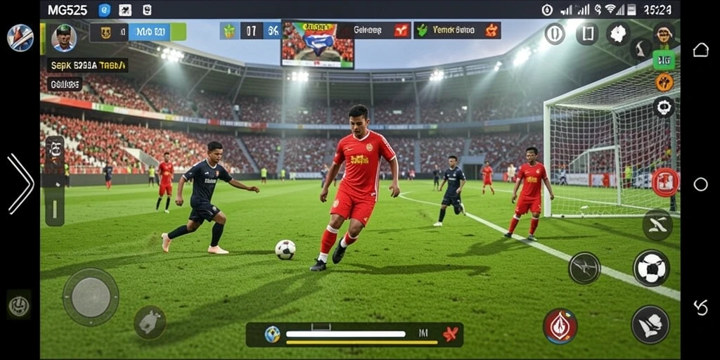 Tampilan gameplay MG525 dengan aksi seru di lapangan sepak bola.