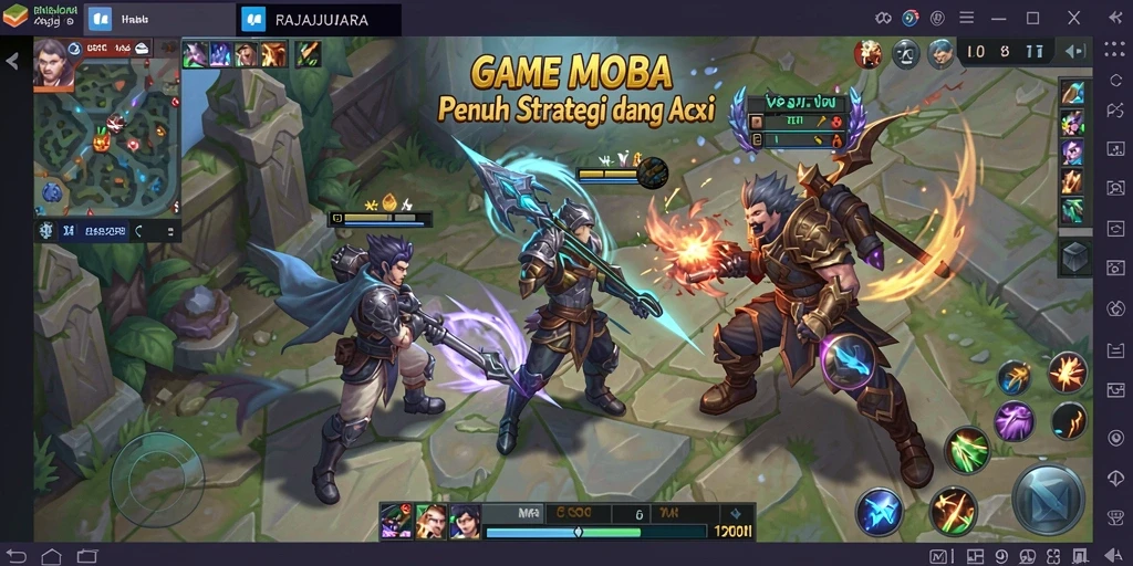 Tampilan aksi seru dalam pertarungan MOBA RAJAJUARA.