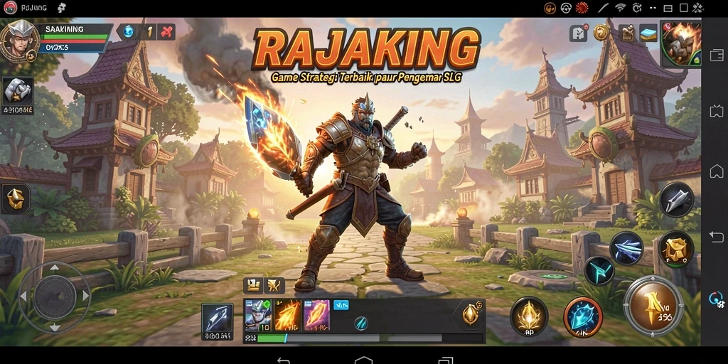 Screenshot gameplay RAJAKING menampilkan pertarungan strategis dan pembangunan kerajaan.