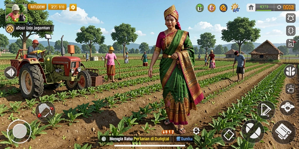 Tampilan gameplay menakjubkan dalam RATUDEWI dengan ladang hijau yang subur.