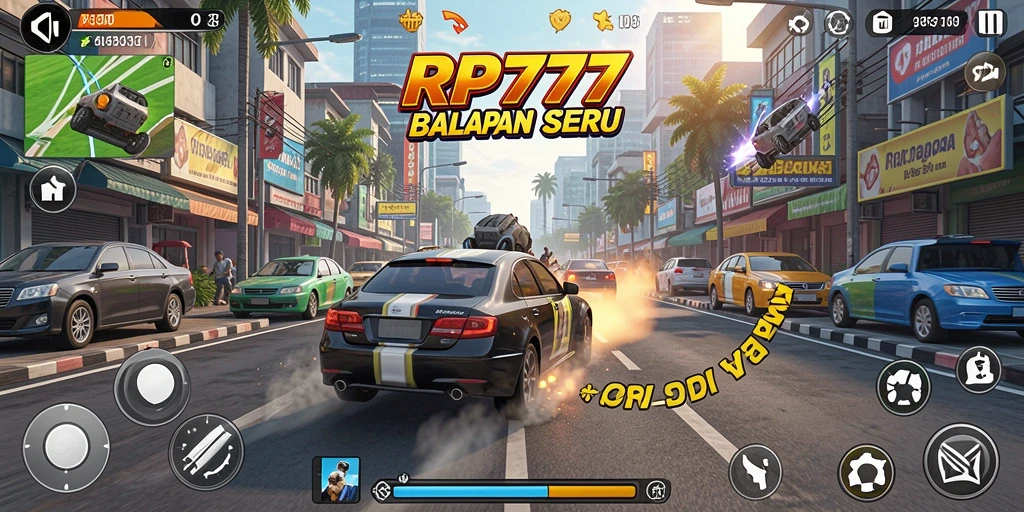 Screenshot RP777 menunjukkan balapan mendebarkan di jalanan kota.