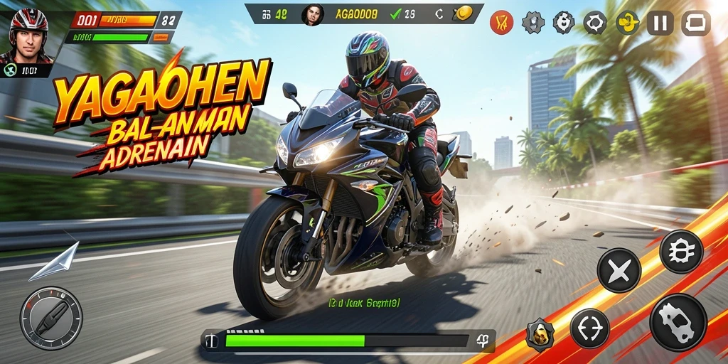 Gameplay YAGAOHEN menampilkan aksi balapan motor yang mendebarkan.